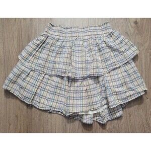 Aerie Womens Mini Skirt XS Blue Green Plaid Tiered Lined Elastic Waist Cotton